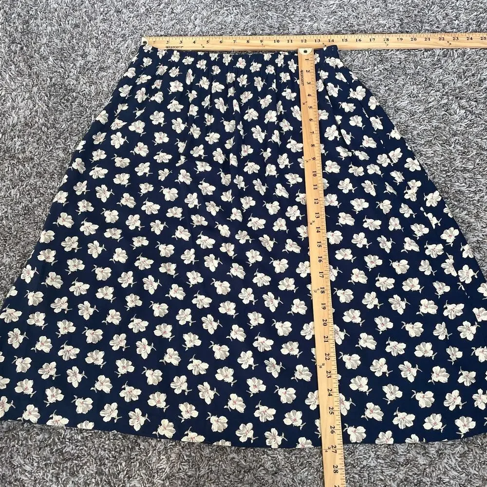 Vtg 90s Midi Skirt Size 12 Navy Blue Ditsy Floral A Line Cottage Boho Casual